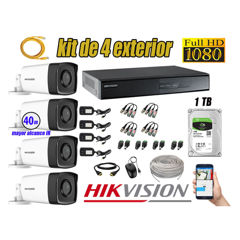 Kit 4 Cámaras de Seguridad Exterior It3F Hikvision Full Hd 1080P Disco 1Tb Wd P2p