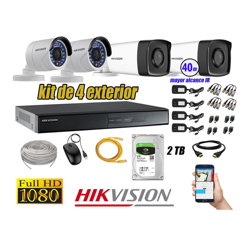 Kit 4 Cámaras de Seguridad Exterior It3F Hikvision Full Hd 1080P Disco 2Tb Wd