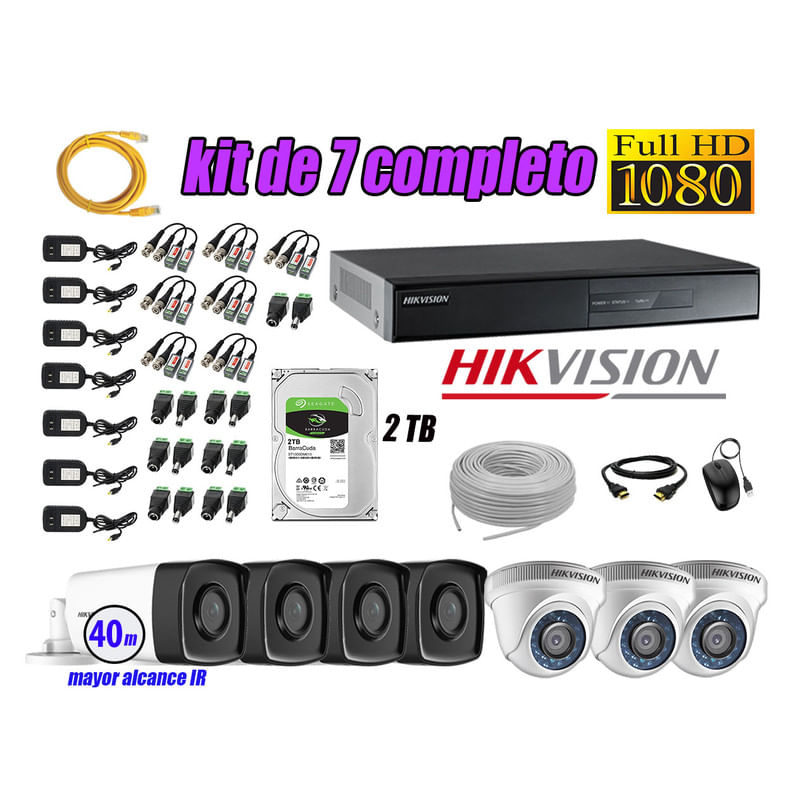 Kit 7 Cámaras de Seguridad It3F Hikvision Full Hd 1080P mas Disco 2Tb Mayor Alcance P2P