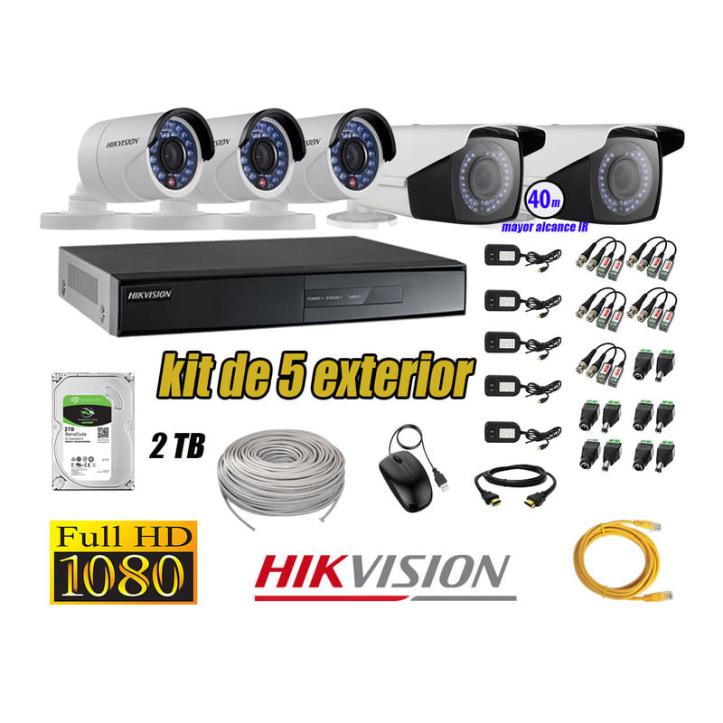 Kit 5 Cámaras de Seguridad Exterior Varifocal Hikvision Full Hd 1080P mas Disco 2Tb P2P