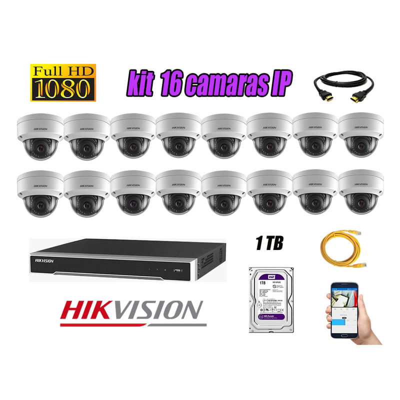 Kit 16 Cámaras de Seguridad Ip Poe Interior Hikvision mas Disco 1Tb Wd Púrpura