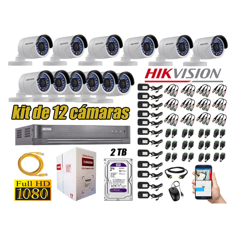 Kit 12 Cámaras de Seguridad Exterior Hikvision Full Hd 1080P mas Disco 2Tb