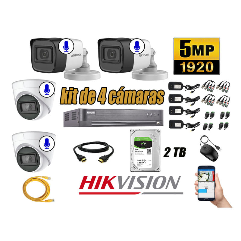 Kit 4 Cámaras de Seguridad Hikvision 5Mp Audio Incorporado Completo P2P