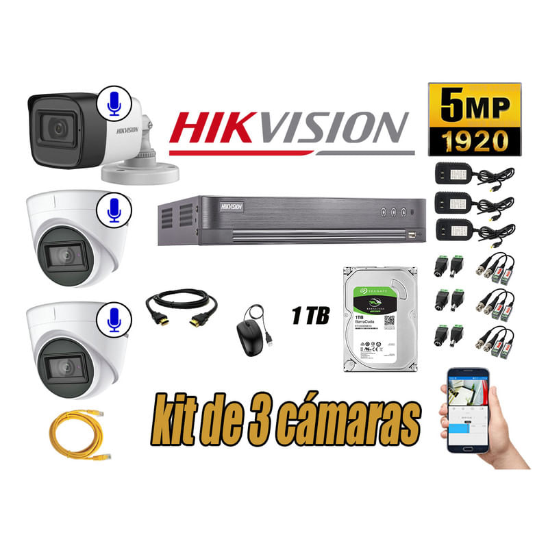 Kit 3 Cámaras de Seguridad Hikvision 5Mp Audio Incorporado Completo P2P