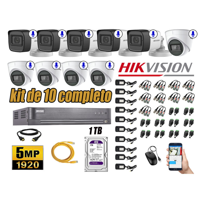 Kit 10 Cámaras de Seguridad Hikvision 5Mp Audio Incorporado Hdmi Completo