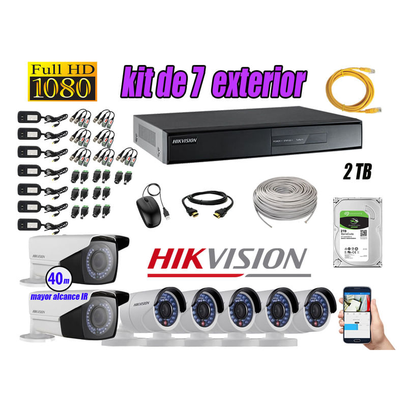 Kit 7 Cámaras de Seguridad Exterior Varifocal Hikvision Full Hd 1080P mas Disco 2Tb P2P