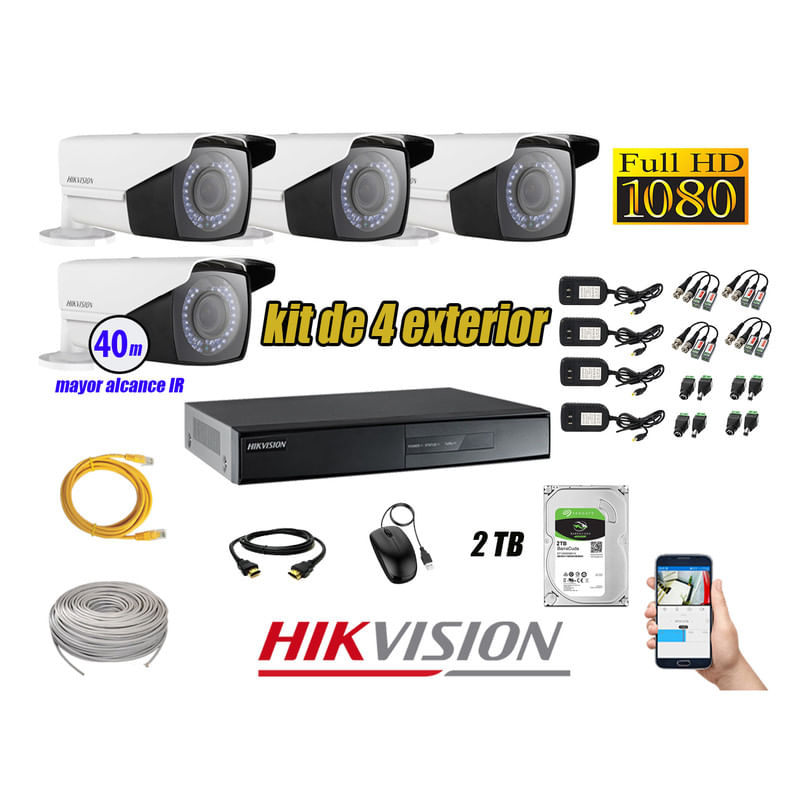 Kit 4 Cámaras de Seguridad Exterior Varifocal Hikvision Full Hd 1080P mas Disco 2Tb Wd P2p