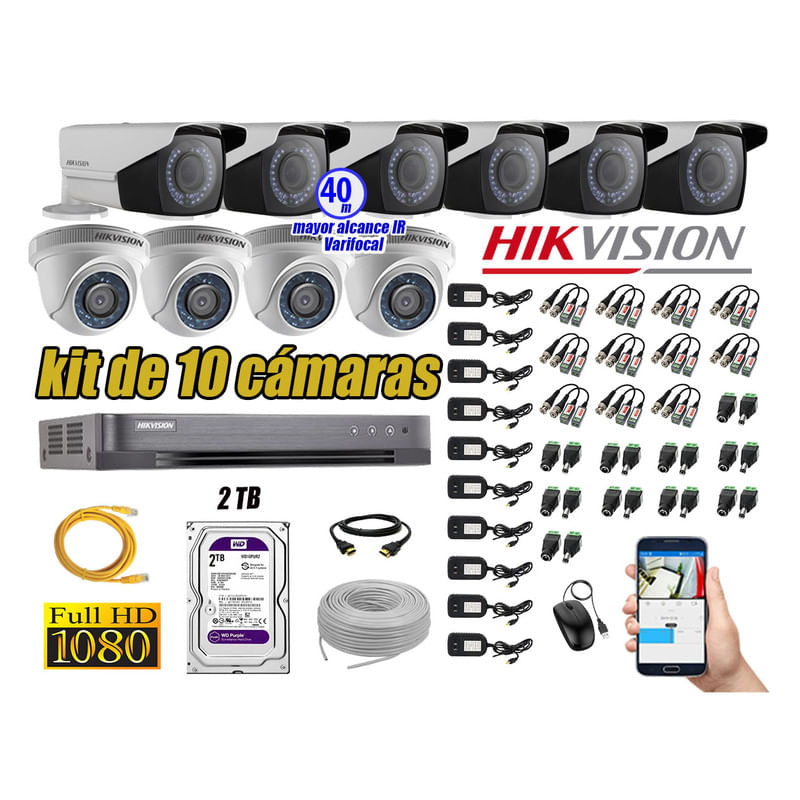 Kit 10 Cámaras de Seguridad Hikvision Full Hd 1080P Disco 2Tb Mayor Alcance Varifocal P2p
