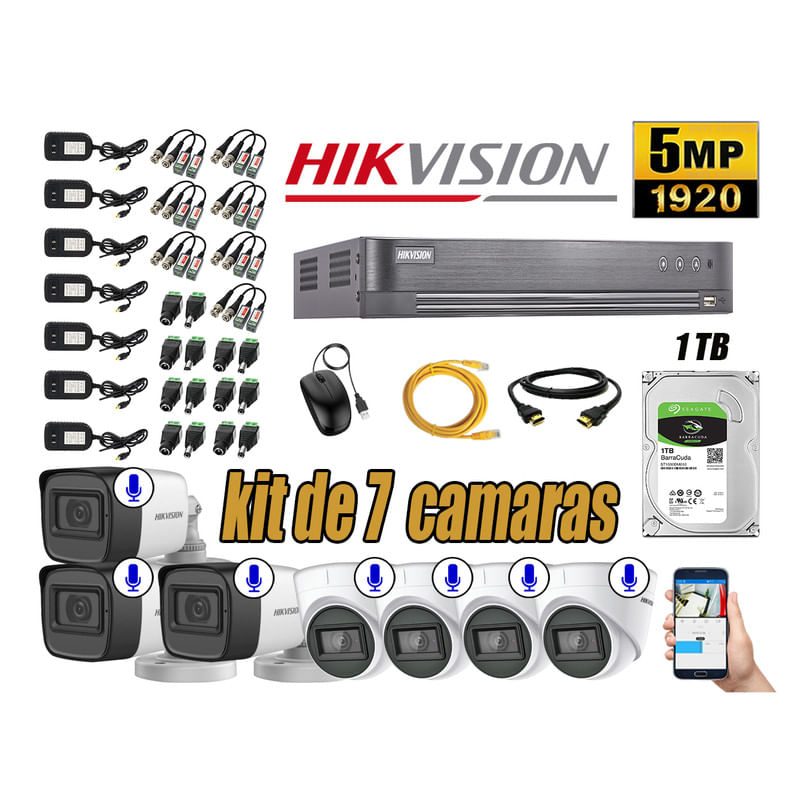 Kit 7 Cámaras de Seguridad Hikvision 5Mp Audio Incorporado Hdmi Completo