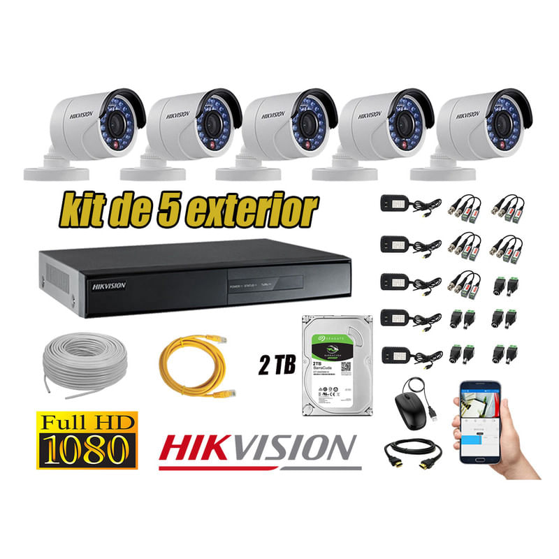 Kit 5 Cámaras de Seguridad Exterior Hikvision Full Hd 1080P mas Disco 2Tb