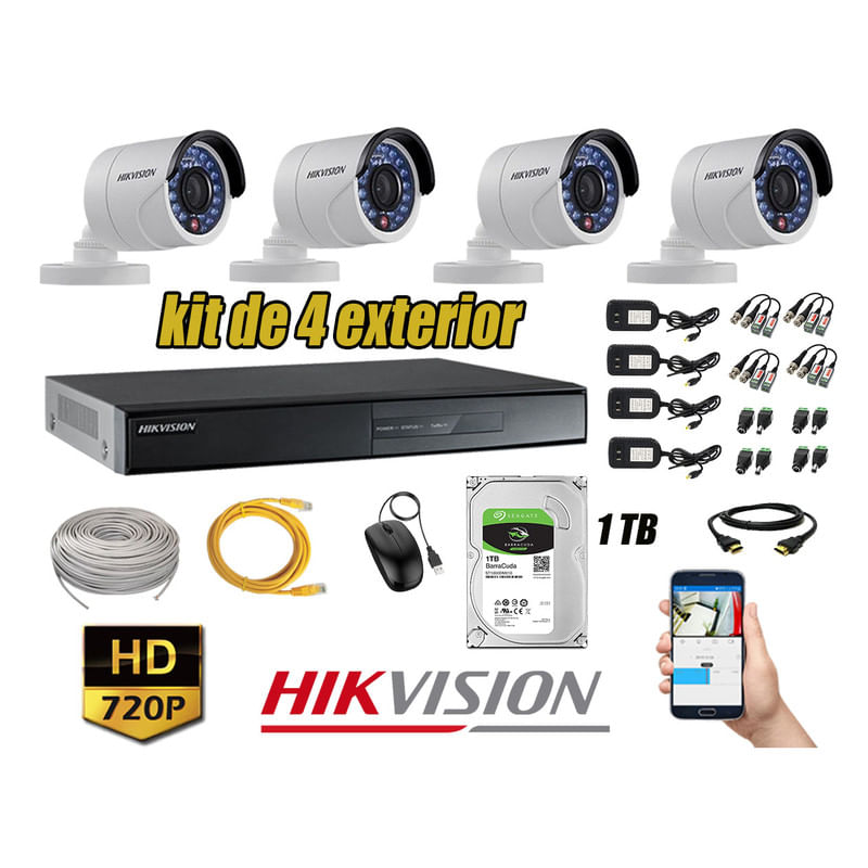 Kit 4 Cámaras de Seguridad Exterior Hikvision Hd 720P Disco 1Tb Wd
