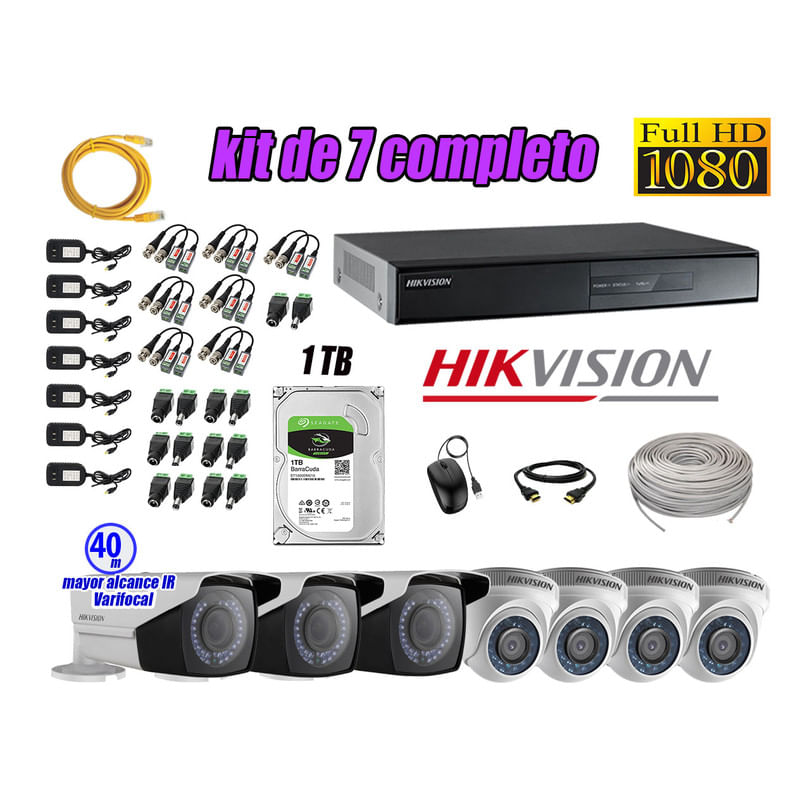 Kit 7 Cámaras de Seguridad Hikvision Full Hd 1080P Disco 1Tb Mayor Alcance Varifocal