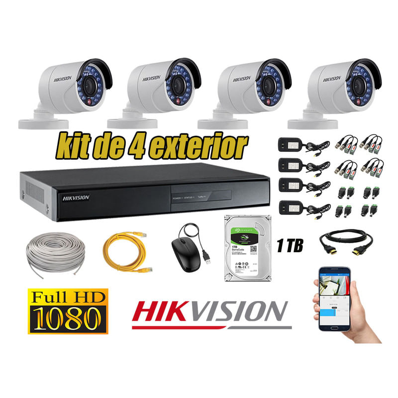 Kit 4 Cámaras de Seguridad Exterior Hikvision Full Hd 1080P mas Disco 1Tb