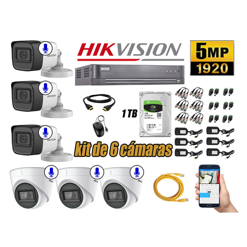 Kit 6 Cámaras de Seguridad Hikvision 5Mp Audio Incorporado Hdmi Completo