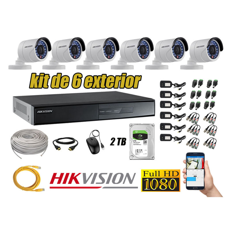 Kit 6 Cámaras de Seguridad Exterior Hikvision Full Hd 1080P mas Disco 2Tb