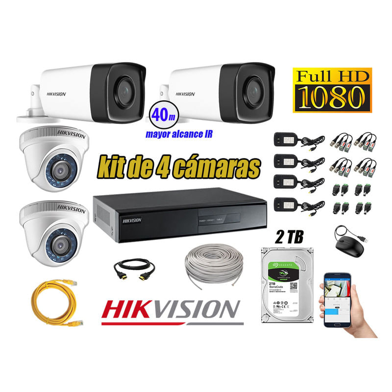Kit 4 Cámaras de Seguridad It3F Hikvision Full Hd 1080P mas Disco 2Tb Mayor Alcance Ip66
