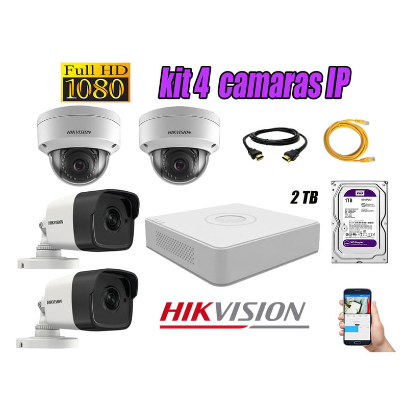 Kit 4 Cámaras de Seguridad Ip Poe Hikvision mas Disco 2Tb Wd Púrpura