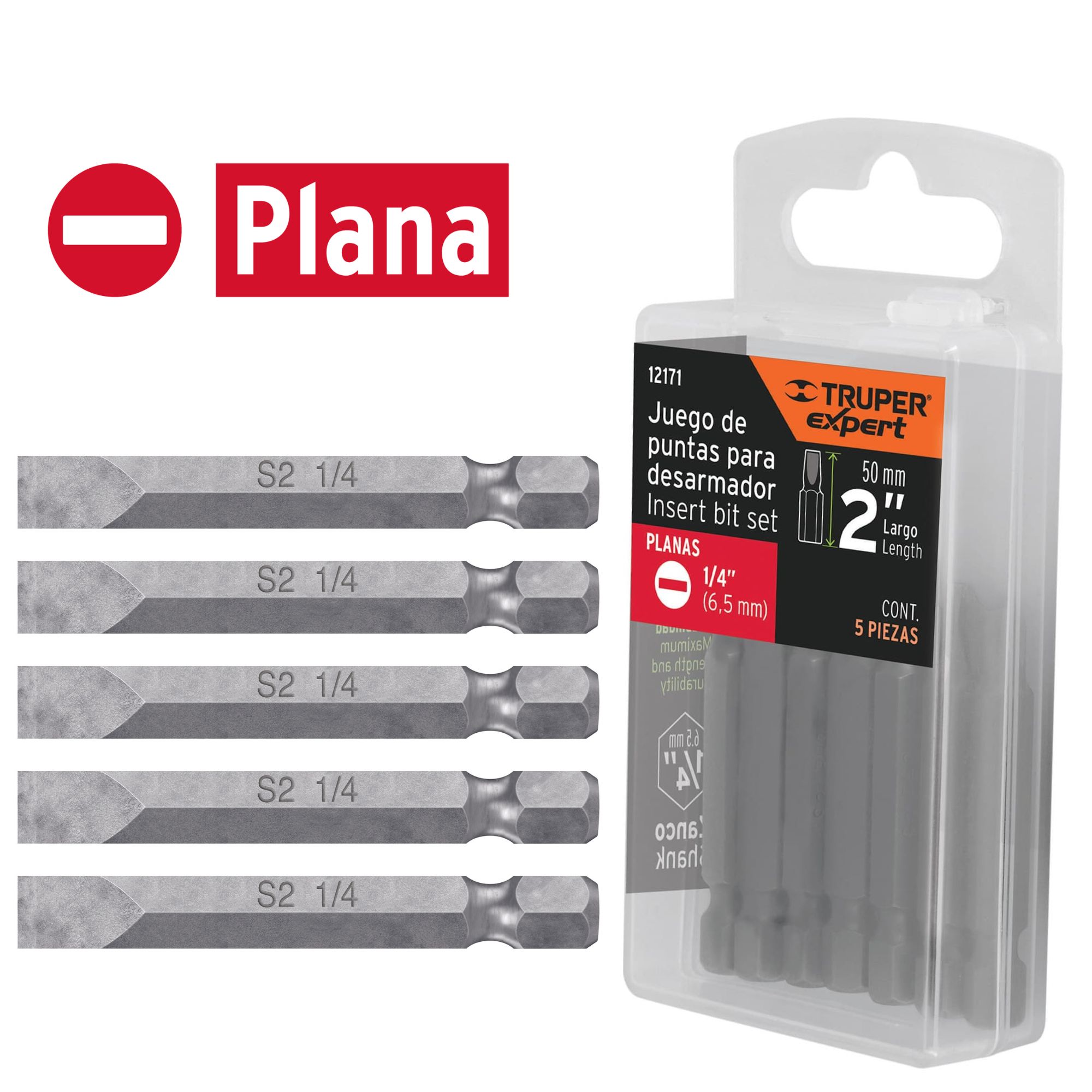 Juego 5 puntas planas de 1/4"" largo 2"" para taladro, desarmador Truper