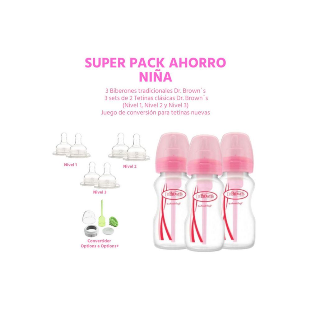 Biberón Para Bebe Niña Dr Browns Súper Pack Ahorro 3 Unid De Polipropileno 9 Oz