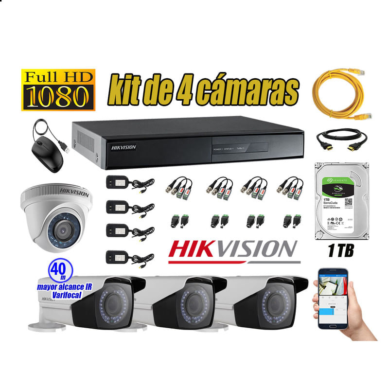 Kit 4 Cámaras de Seguridad Hikvision Full Hd 1080P mas Disco 1Tb Mayor Alcance Varifocal Ip66