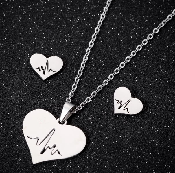 Set collar y aretes corazón electrocardiograma medicina plateado