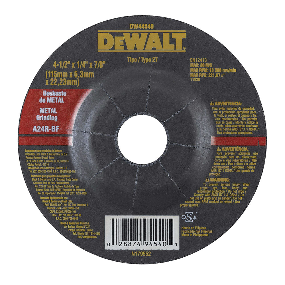 Disco de Desbaste 4 1/2"" (115 mm) para Metal Dewalt DW44540