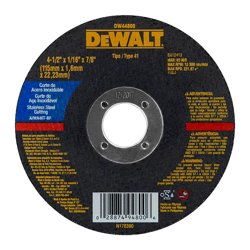 Disco de Corte 4 1/2"" x 7/8"" x 1/16"" Dewalt DW44800
