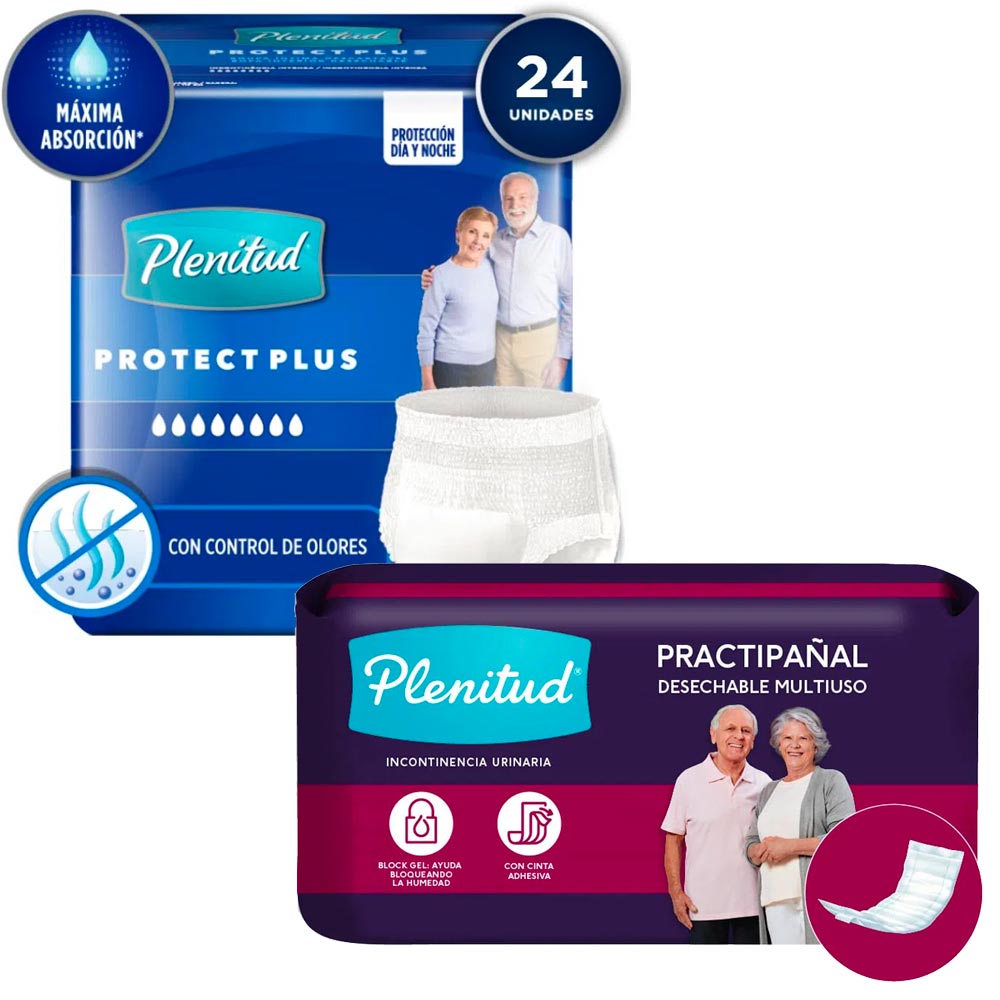 Pack PLENITUD Practipañal Incontinencia Leve Paquete 20un + Pañal para Adulto Protect Plus Incontinencia Intensa Talla G/XG Paquete 24un