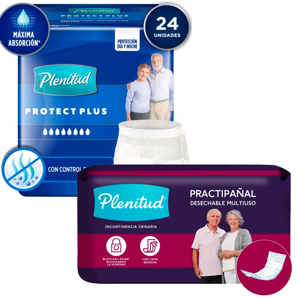 Pack PLENITUD Pañal para Adulto Protect Plus Incontinencia Intensa Talla P/M Paquete 24un + Practipañal Incontinencia Leve Paquete 20un