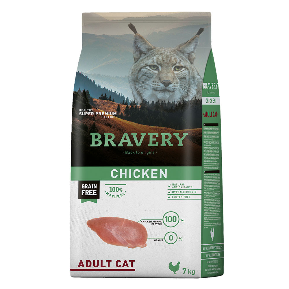 Comida para Gato Bravery Libre de Granos Adulto Todas las Razas Pollo 7 Kg