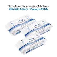 3 Toallitas Húmedas para Adultos - Lea Soft & Care - Paquete 64 unid