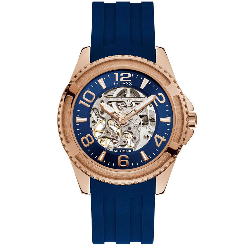 Reloj Guess Elite W1268G3 Automático Correa de Silicona Azul Dorado