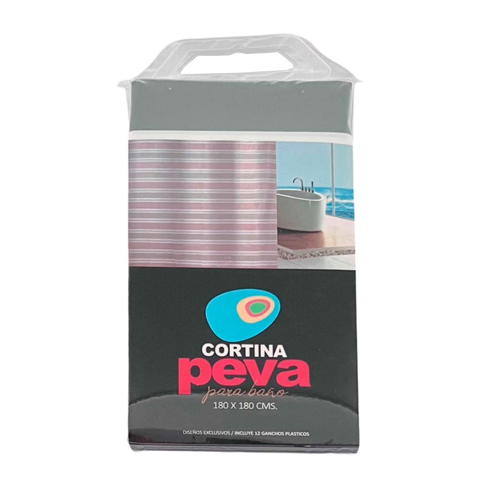 Cortina de Baño con Aros Pitukasa 180x180cm Peva Rayas Gris Beige