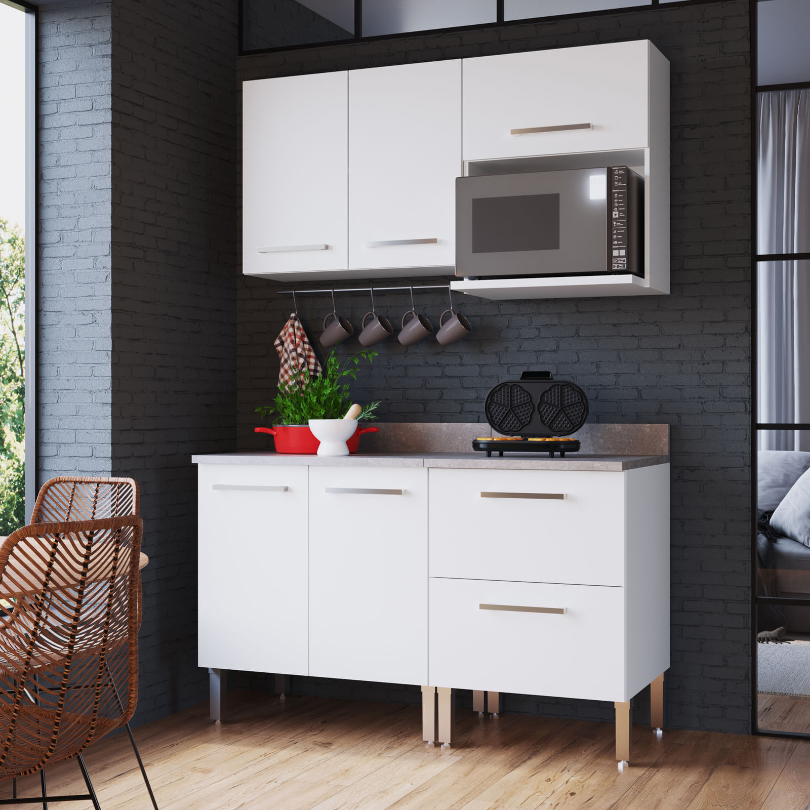 Mueble de Cocina Modular Orange para Microondas con Cajonera 140cm Blanco