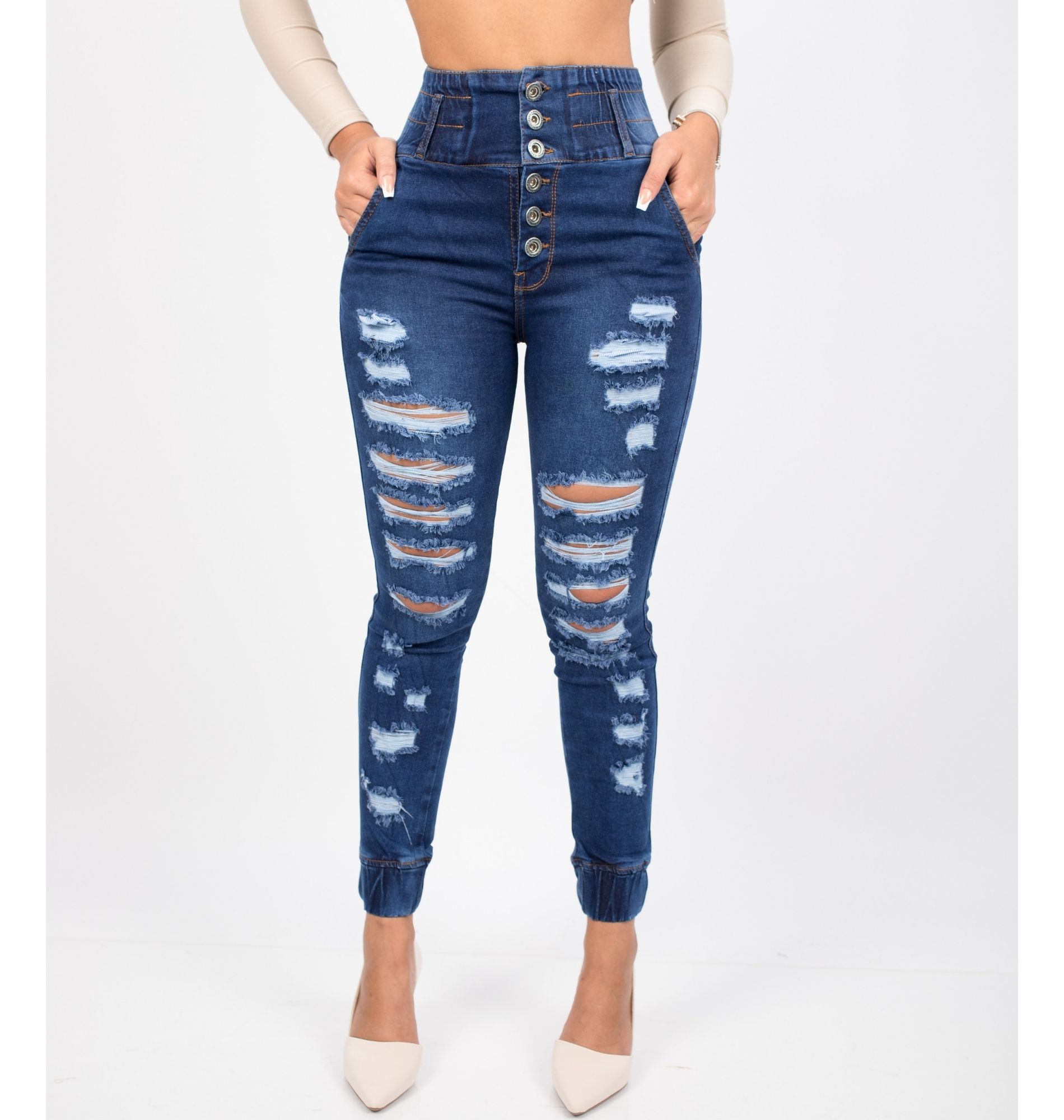 Jeans Mujer Fajero Alto Rasgado efecto Push Up