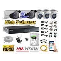 Kit 5 Cámaras de Seguridad Hikvision Full Hd 1080P mas Disco 1Tb P2p Mayor Alcance Varifocal Ip66