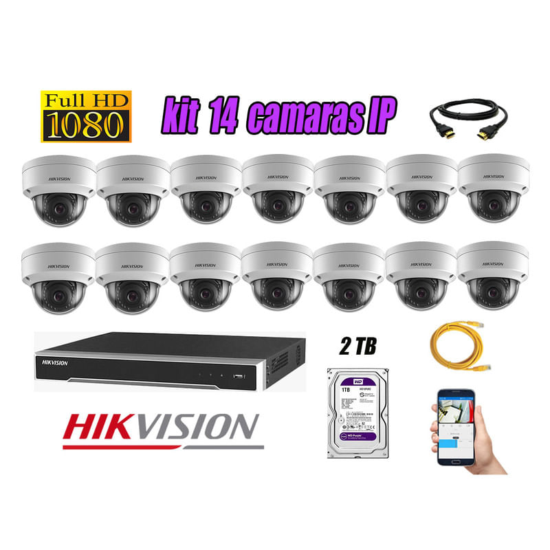 Kit 14 Cámaras de Seguridad Ip Poe Interior Hikvision mas Disco 2Tb Wd Púrpura