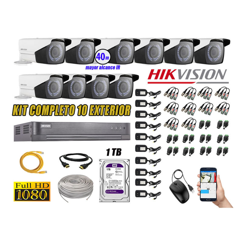 Kit 10 Cámaras de Seguridad Exterior Varifocal Hikvision Full Hd 1080P P2p Disco 1Tb Wd