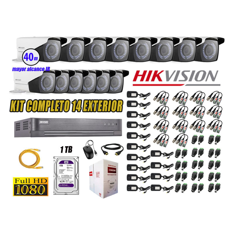 Kit 14 Cámaras de Seguridad Exterior Varifocal Hikvision Full Hd 1080P Disco 1Tb Wd P2p