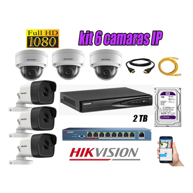 Kit 6 Cámaras de Seguridad Ip Hikvision mas Disco 2Tb Wd Púrpura