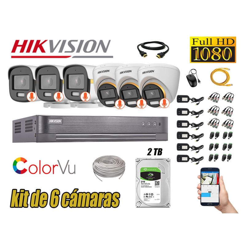 CÁMARAS SEGURIDAD KIT 6 FULL HD HIKVISION | COLORVU VISION COLOR 2TB