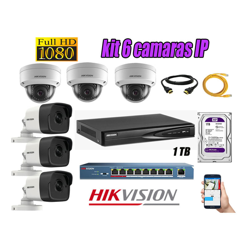 Kit 6 Cámaras de Seguridad Ip Hikvision mas Disco 1Tb Wd Púrpura