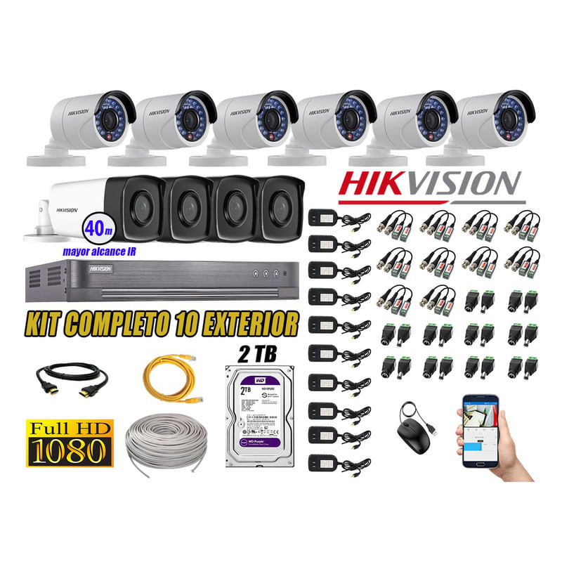 Kit 10 Cámaras de Seguridad Exterior It3F Hikvision Full Hd 1080P Disco 2Tb Wd