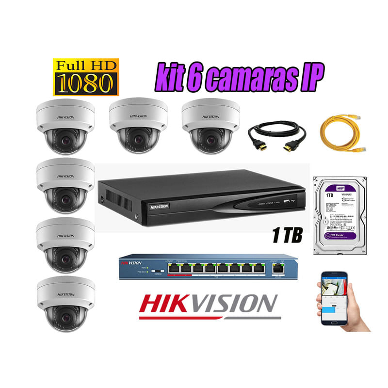 Kit 6 Cámaras de Seguridad Ip Interior Hikvision mas Disco 1Tb Wd Púrpura