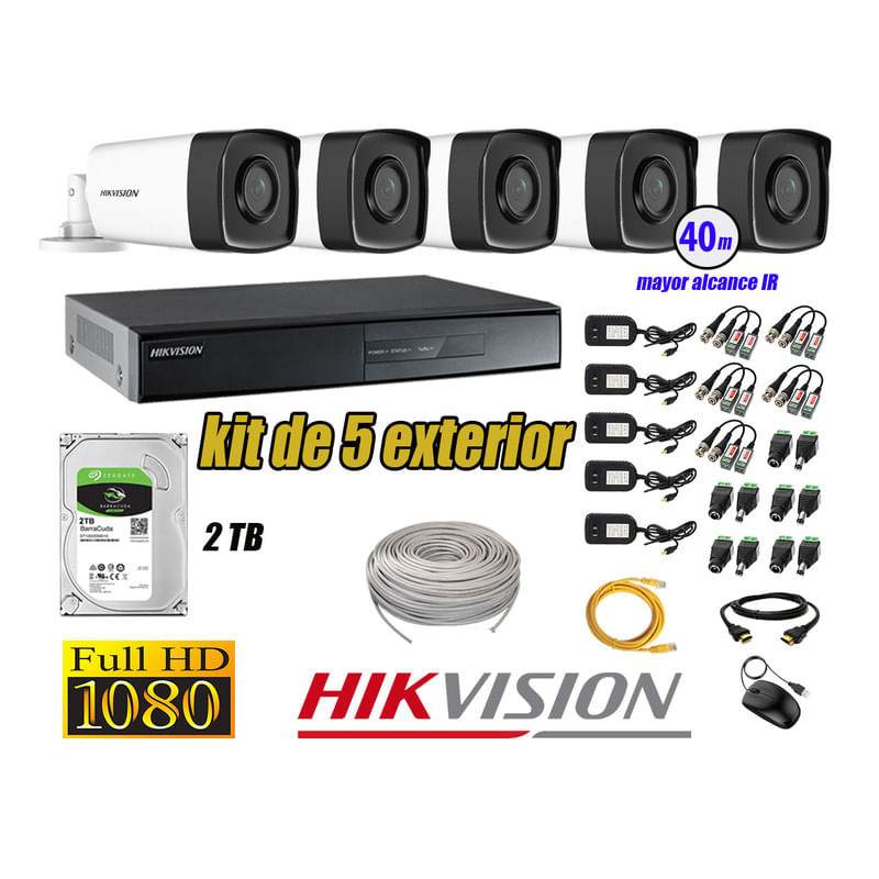 Kit 5 Cámaras de Seguridad Exterior It3F Hikvision Full Hd 1080P Disco 2Tb Hdmi