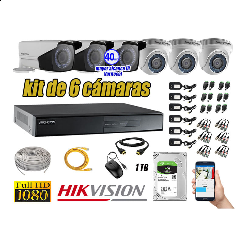 Kit 6 Cámaras de Seguridad Hikvision Full Hd 1080P mas Disco 1Tb Mayor Alcance Varifocal P2p