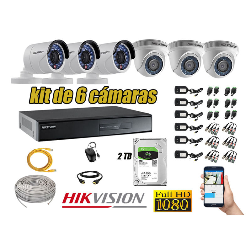Kit 6 Cámaras de Seguridad Hikvision Full Hd 1080P mas Disco 2Tb Completo