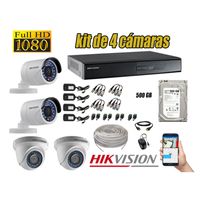 Kit 4 Cámaras de Seguridad Hikvision Full Hd 1080P mas Disco 500Gb Completo