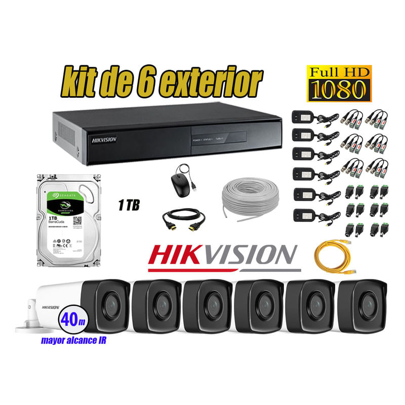Kit 6 Cámaras de Seguridad Exterior It3F Hikvision Full Hd 1080P mas Disco 1Tb Hdmi