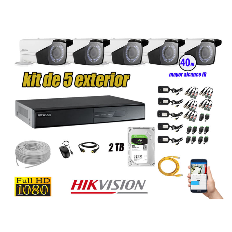 Kit 5 Cámaras de Seguridad Exterior Varifocal Hikvision Full Hd 1080P mas Disco 2Tb Hdmi